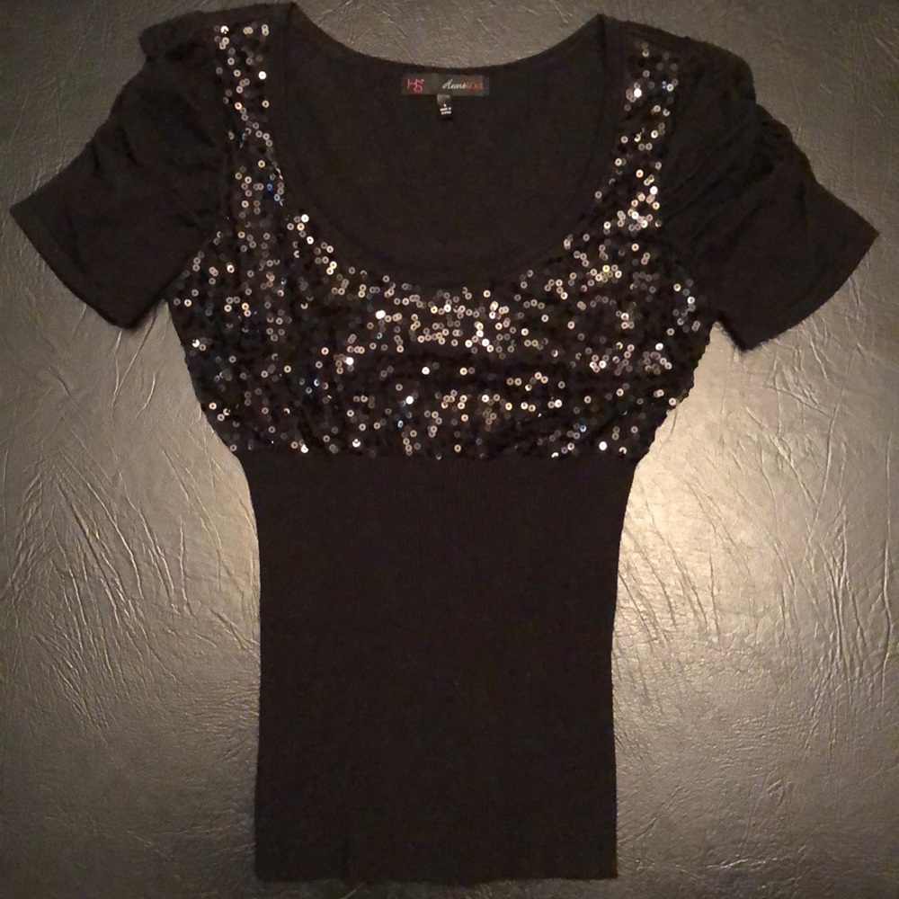 Black Short Sleeve Sequins Top💄